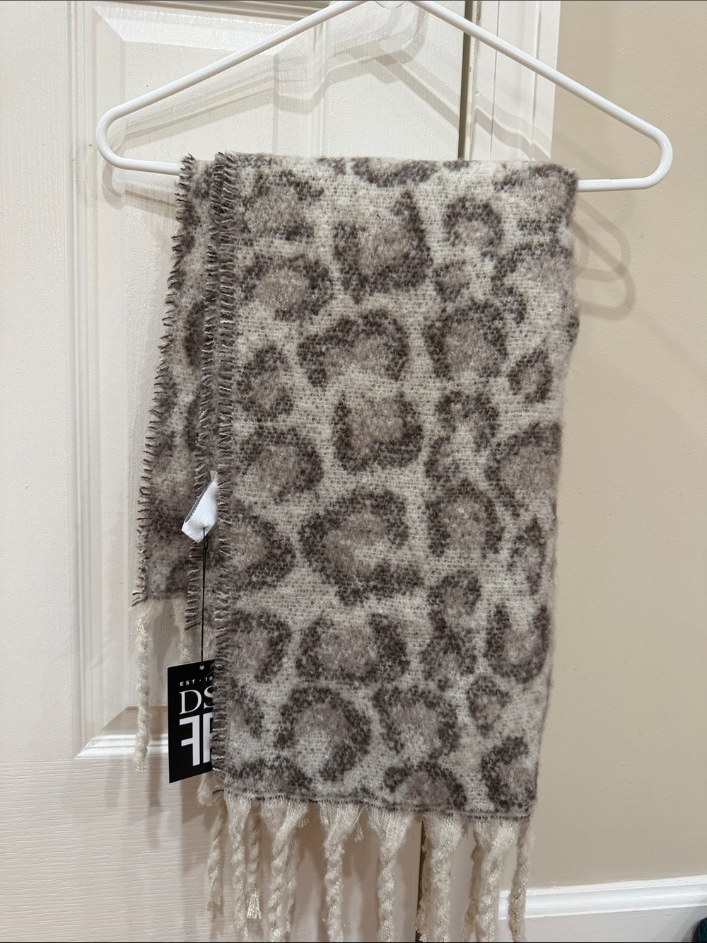 Donna Salyers Leopard Print Fringe oversized Scarf - Taupe & Cream